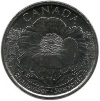 100 лет стихотворению "На полях Фландрии". Монета 25 центов, (квотер), 2015 год, Канада. UNC.