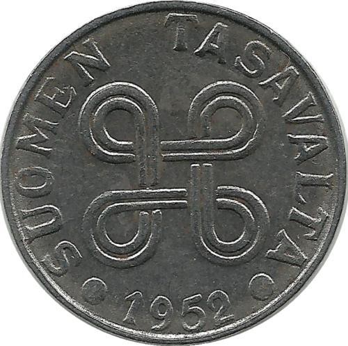 Монета 5 марок. 1952 год, Финляндия. Новый тип.