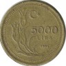 Монета  5000 лир 1995 год,  Турция.