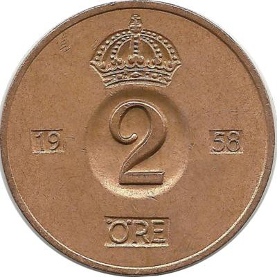 Монета 2 эре.1958 год, Швеция. (TS).