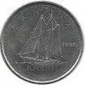 Шхуна Bluenose. Гафельная двухмачтовая шхуна Блюноуз. Монета 10 центов. 1998 год, Канада.  