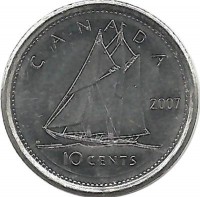Шхуна Bluenose. Гафельная двухмачтовая шхуна Блюноуз. Монета 10 центов. 2007 год, Канада.  