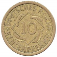 Монета 10  рентенпфеннигов. 1924 (А) год, Веймарская республика.