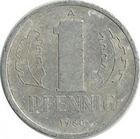 Монета 1 пфенниг.  1980 год, ГДР.