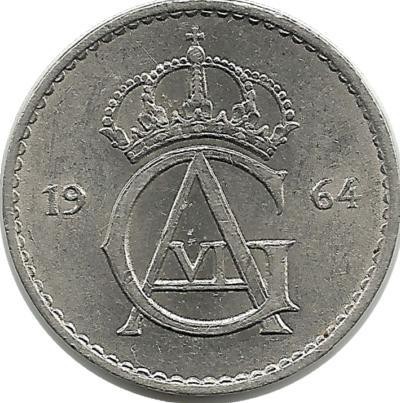 Монета 10 эре. 1964 год, Швеция. (U).