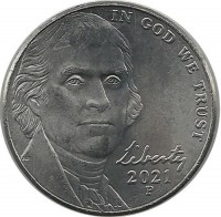 Томас Джефферсон. Монтичелло. Монета 5 центов 2021 год. (P.) ,CША. UNC.