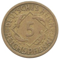 Монета 5 рейхспфеннигов.  1925 (E) год, Веймарская республика.