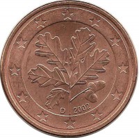 Монета 5 центов. 2002 год (D), Германия. UNC.
