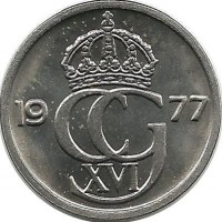 Монета 10 эре. 1977 год, Швеция. (U).