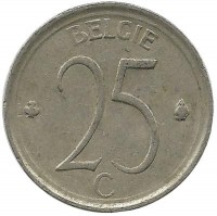 Монета 25 сантимов. 1964 год, Бельгия.  (Belgie).