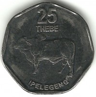 Дикий бык.(Зебу). Монета 25 тхебе. 2007 год, Ботсвана. UNC.