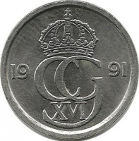 Монета 10 эре. 1991 год, Швеция. (D).