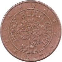 Монета 5 центов, 2002 год, Австрия.  