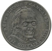 300 лет со дня рождения Вольтера. Монета 5 франков. 1994 год, Франция.