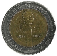 Монета 1 найра . (Герберт  Маколей). 2006 год, Нигерия. UNC.