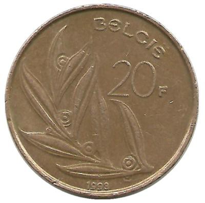 Монета 20 франков.  1993 год, Бельгия.  (Belgie).