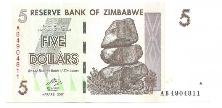 Зимбабве. Банкнота 5 долларов. 2007 год. UNC.  