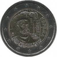 Хуан Себастьян Элькано. 500 лет первого кругосветного путешествия. Монета 2 евро, 2022 год, Испания. UNC.