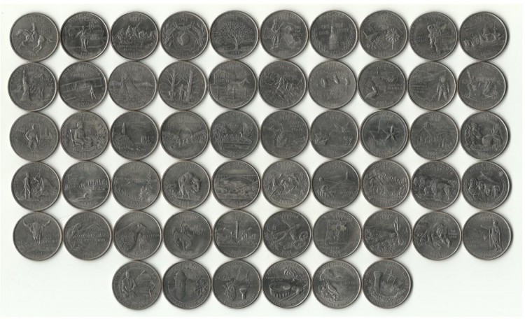 Набор монет 25 центов США (квотеры) 1999 - 2009 год. серии "Штаты США"   , и  "Территории США".  В набор вошло 56 монет.  50 монет - "Штаты США" , 6 монет - "Территории США". Все монеты (D) - монетный двор Дэнвер.