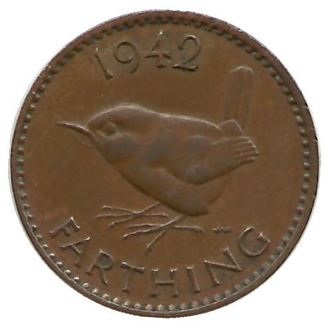 Монета 1 фартинг. 1942 год, Великобритания.