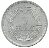 5 франков 1945 год, Франция.