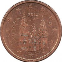 Монета 1 цент 2013 год, собор Святого Иакова. Испания.