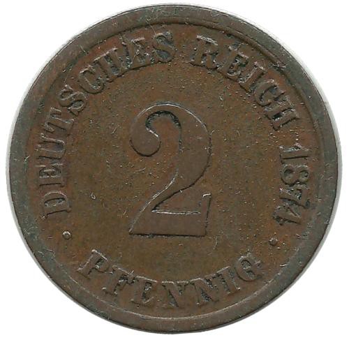 Монета 2 пфенниг 1874 год (А), Германская империя.