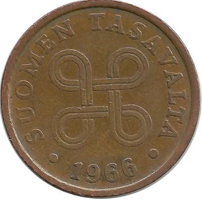 Монета 5 пенни.1966 год, Финляндия.