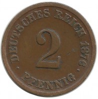 Монета 2 пфенниг 1876 год (F), Германская империя.