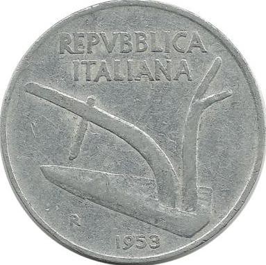 Монета 10 лир.  1953 год, Италия.