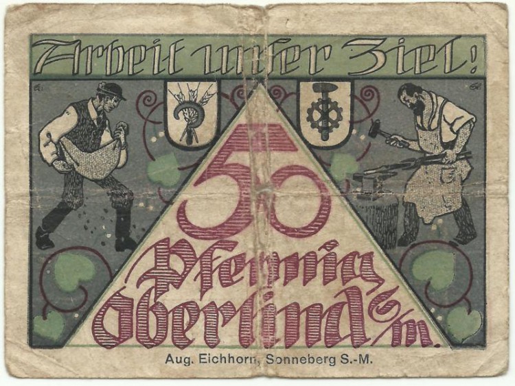  Нотгельд 50 пфеннигов 1920 год, Оберлинд (Oberlind). Сеятель и кузнец. Без литеры. С серийным номером. (Дата 1920 г.), Германия. 