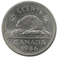 Бобр. Монета 5 центов, 1986 год, Канада.