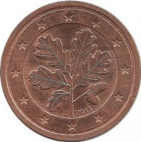 Монета 2 цента. 2011 год (D), Германия.