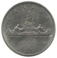  Монета 1 доллар. 1969 год,  Индейцы в каноэ.  Канада.
