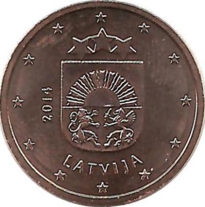  Монета 2 цента, 2014 год, Латвия. UNC.