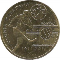 100 лет футбольному клубу Полония.  Монета 2 злотых  2011 год, Польша.