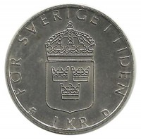 Монета 1 крона. 1991 год, Швеция.