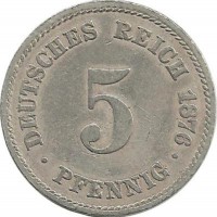 Монета 5 пфеннигов.  1876 год, (E) Германская империя.