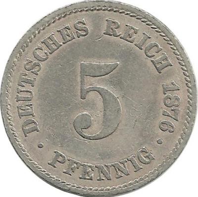 Монета 5 пфеннигов.  1876 год, (E) Германская империя.