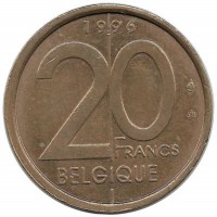Монета 20 франков. 1996 год, Бельгия.  (Belgique).