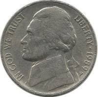 Джефферсон. Монтичелло. Монета 5 центов 1989г. (P.) ,CША. 