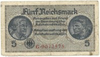 Банкнота 5 рейхсмарок. 1940-1945гг. (Оккупированные территории). Третий Рейх. 