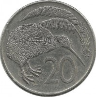Киви (птица). Монета 20 центов. 1980 год, Новая Зеландия.