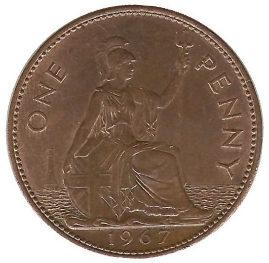 Монета  1 пенни 1967 г. Великобритания.