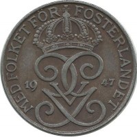 Монета 5 эре.1947 год, Швеция. (Железо).