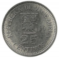 Монета 25 сентимо. 1990 год, Венесуэла. UNC.