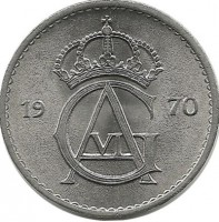 Монета 25 эре. 1970 год, Швеция. (U).