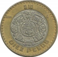 Тонатиу. Ацтекский солнечный камень.  Монета 10 песо. 1999 год, Мексика. 