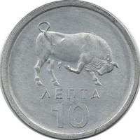 Бык. Монета 10 лепта. 1976 год, Греция. UNC.