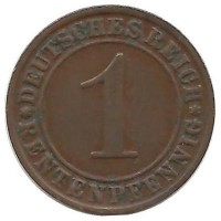 Монета 1 рентенпфенниг. 1924 (А) год, Веймарская республика.